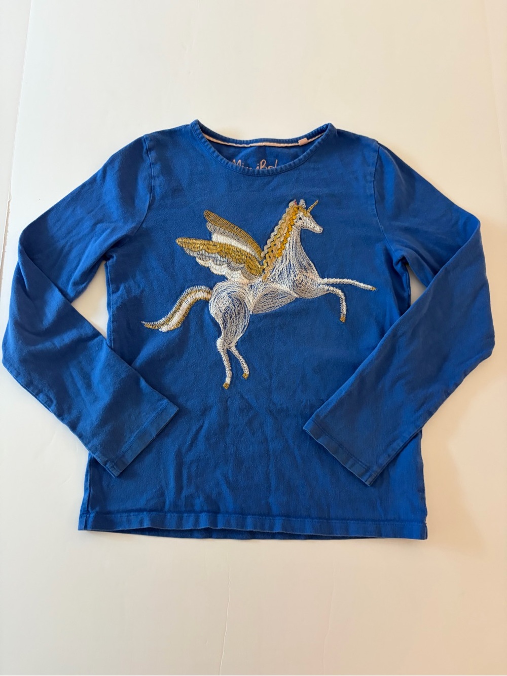 Mini Boden Girls' Long Sleeve Blue  T-Shirt With Pegasus Unicorn Graphic Casual